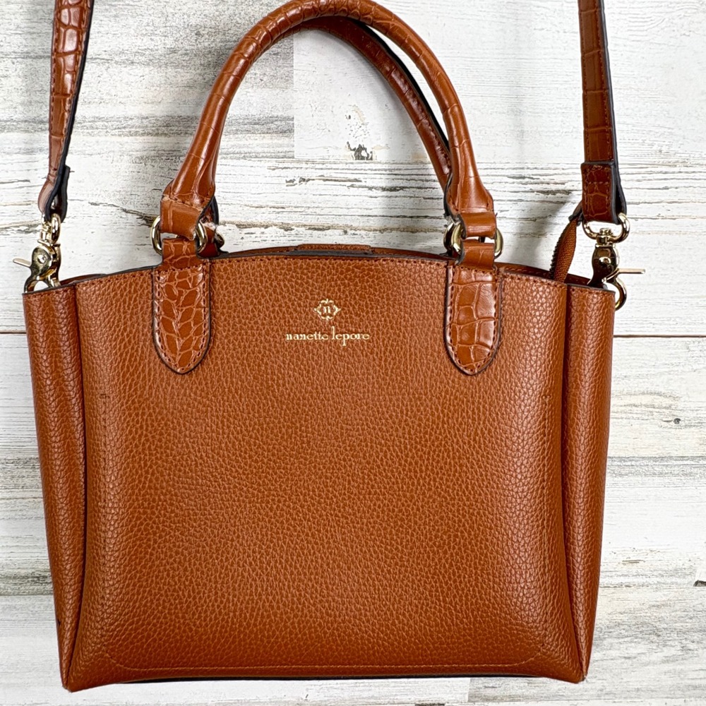 Nanette Lepore Satchel Crossbody Bag 10x8 Cognac Pebbled Croc Chic Purse - Picture 1 of 15